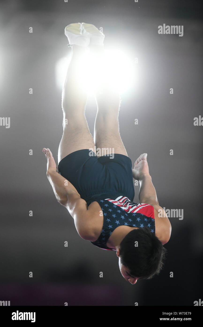 Lima, Peru. 4th Aug, 2019. RUBEN PADILLA from the US flips upside down during the competition held in the Polideportivo Villa El Salvador in Lima, Peru. Credit: Amy Sanderson/ZUMA Wire/Alamy Live News Stock Photo