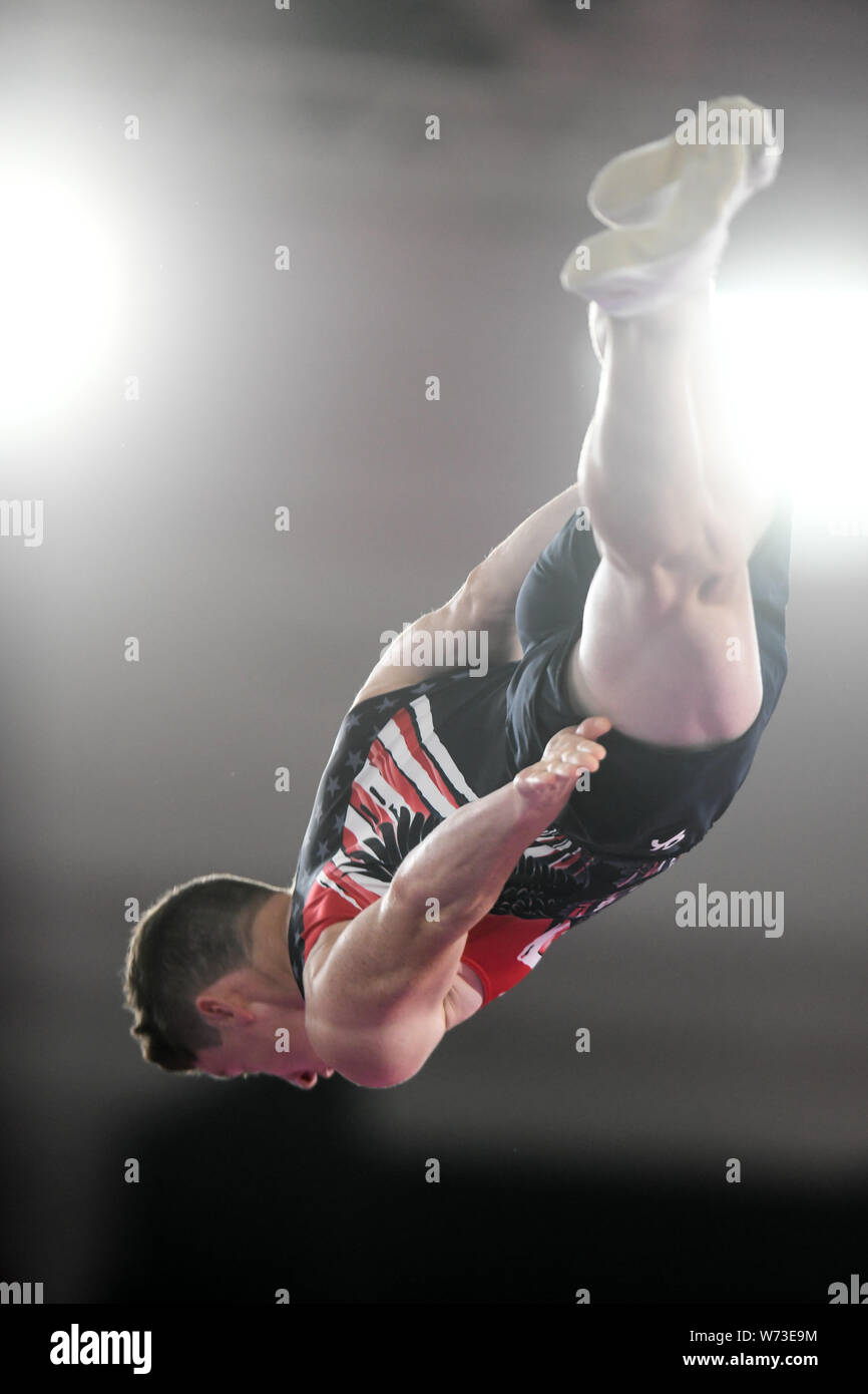 Lima, Peru. 4th Aug, 2019. JEFFREY GLUCKSTEIN from the US flips upside down during the competition held in the Polideportivo Villa El Salvador in Lima, Peru. Credit: Amy Sanderson/ZUMA Wire/Alamy Live News Stock Photo