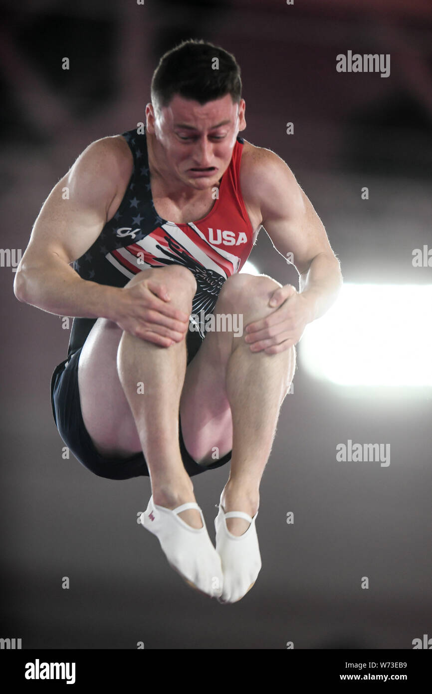 Lima, Peru. 4th Aug, 2019. JEFFREY GLUCKSTEIN from the US flips in a tucked position during the competition held in the Polideportivo Villa El Salvador in Lima, Peru. Credit: Amy Sanderson/ZUMA Wire/Alamy Live News Stock Photo