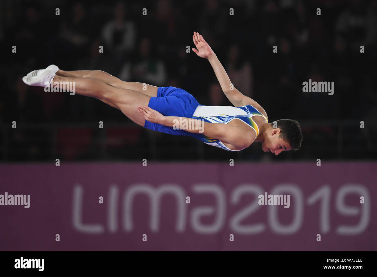 Lima, Peru. 4th Aug, 2019. RAYAN DUTRA from Brazil flips upside down during the competition held in the Polideportivo Villa El Salvador in Lima, Peru. Credit: Amy Sanderson/ZUMA Wire/Alamy Live News Stock Photo