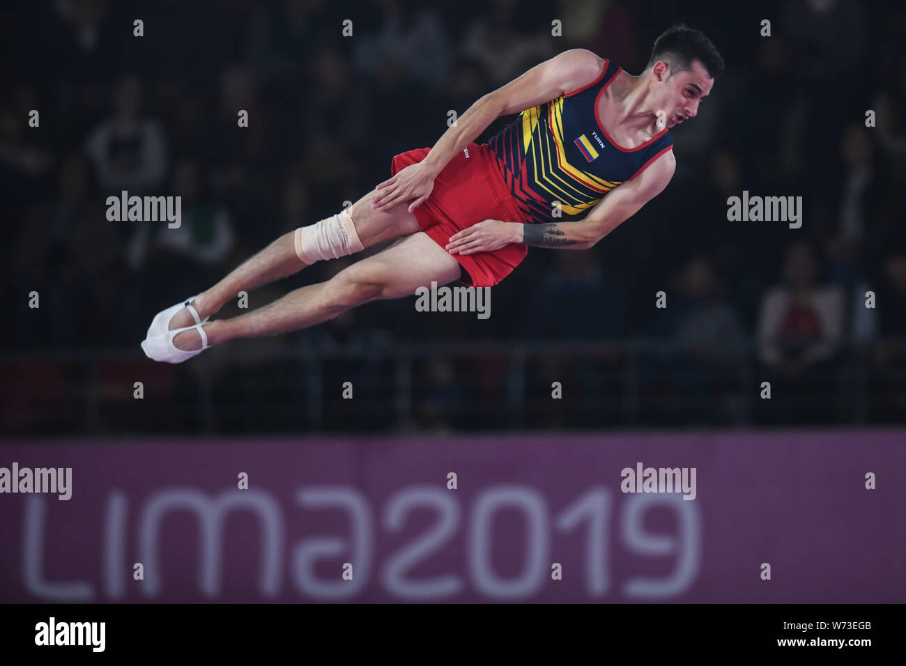 Lima, Peru. 4th Aug, 2019. ANGEL HERNANDEZ from Colombia flips during the competition held in the Polideportivo Villa El Salvador in Lima, Peru. Credit: Amy Sanderson/ZUMA Wire/Alamy Live News Stock Photo