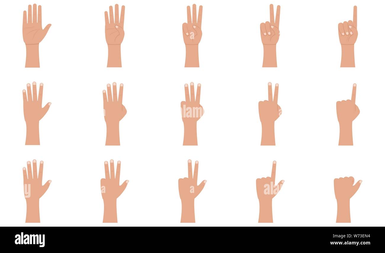 Hand gestures icons set in flat style. Palm and wrist. One, two, three, four, five fingers vector illustration on a white background Stock Vector