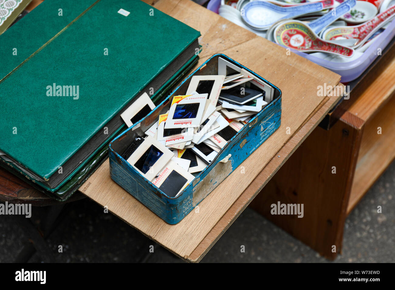 Vintage slides in a blue box sold at Cat Street Flea Market in Hong Kong Stock Photo