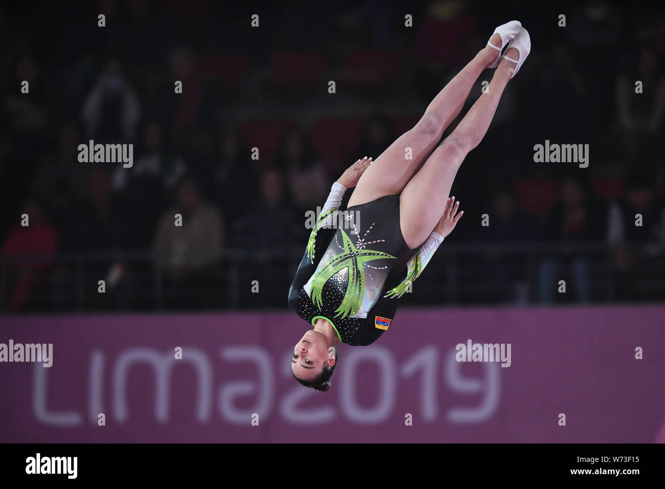 Lima, Peru. 4th Aug, 2019. ALIDA ROJO from Venezuela flips upside down during the competition held in the Polideportivo Villa El Salvador in Lima, Peru. Credit: Amy Sanderson/ZUMA Wire/Alamy Live News Stock Photo