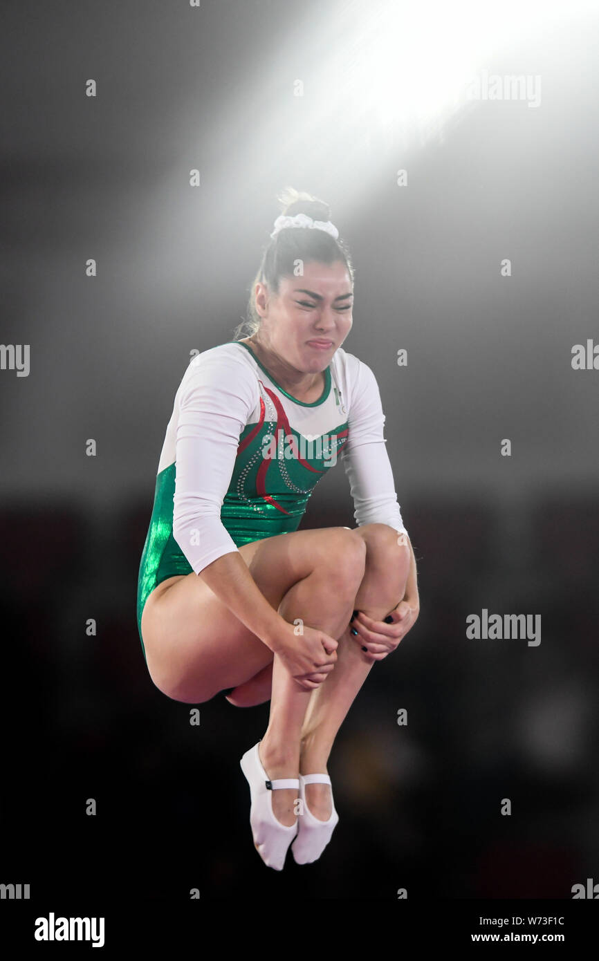 Lima, Peru. 4th Aug, 2019. DAFNE NAVARRO LOZA from Mexico flips in a tucked position during the competition held in the Polideportivo Villa El Salvador in Lima, Peru. Credit: Amy Sanderson/ZUMA Wire/Alamy Live News Stock Photo