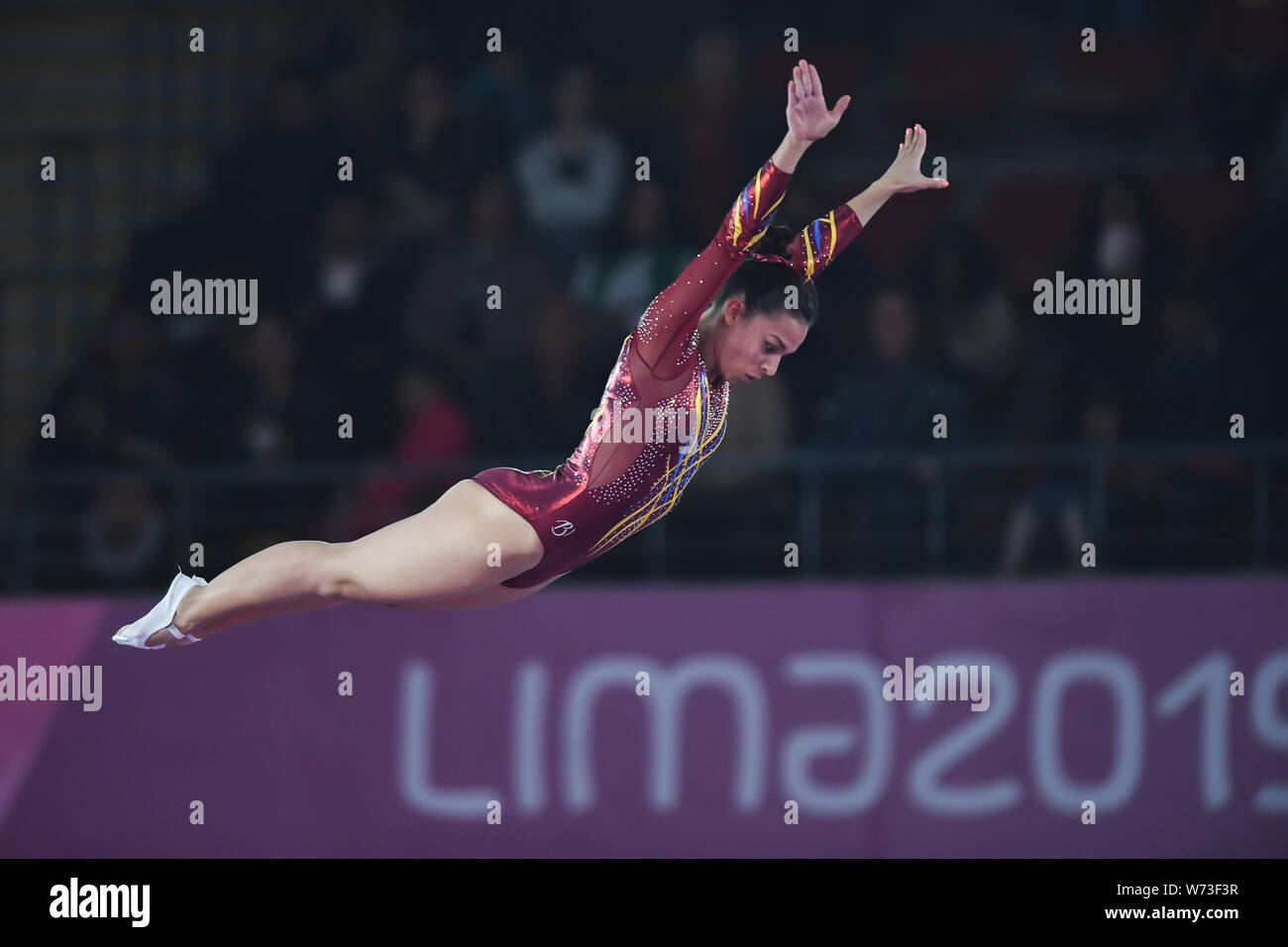 Lima, Peru. 4th Aug, 2019. KATISH HERNANDEZ from Colombia flips upside down during the competition held in the Polideportivo Villa El Salvador in Lima, Peru. Credit: Amy Sanderson/ZUMA Wire/Alamy Live News Stock Photo