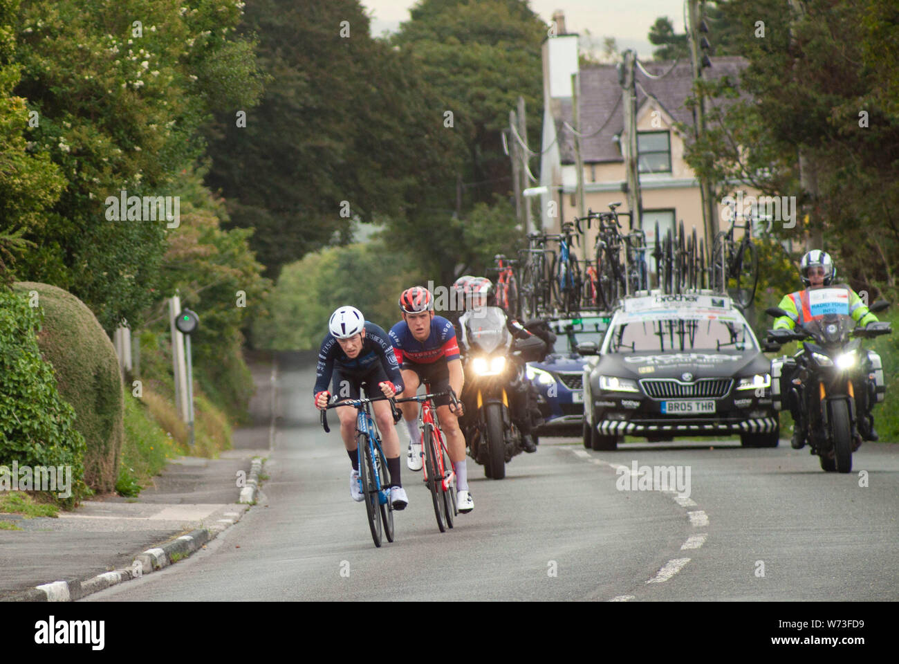 Sunday 4 August 2019 4:55pm: Matthew Bostock and Robert Scott at Kirk Michael. Manx International, HSBC UK National Road Series (British cycling). Stock Photo