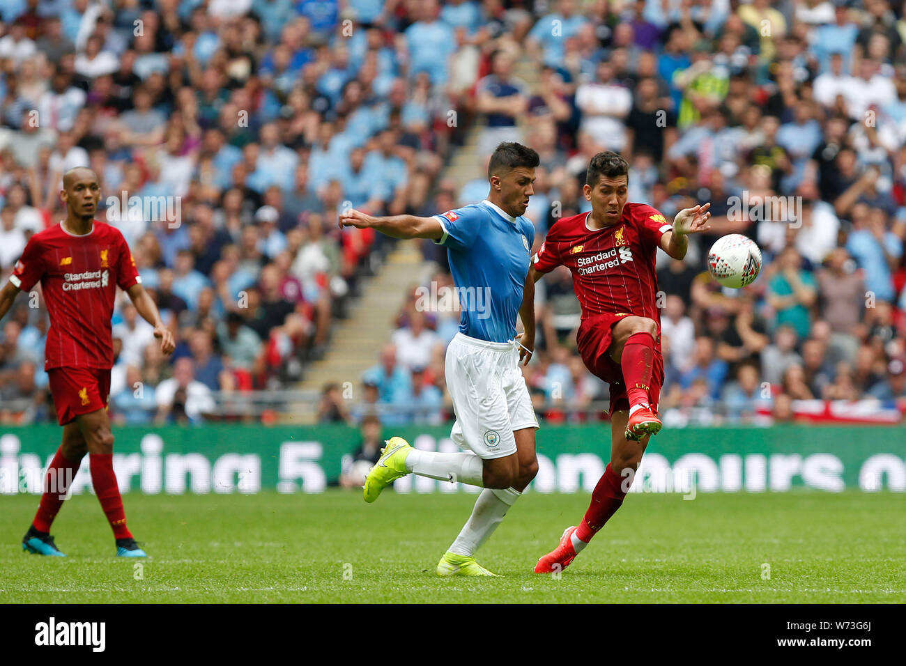 London, UK. 04th Aug, 2019. Roberto Firmino of Liverpool and Rodri of Manchester City during the 2019 FA Community Shield match between Liverpool and Manchester City at Wembley Stadium, London, England on 4 August 2019. Photo by Carlton Myrie. Editorial use only, license required for commercial use. No use in betting, games or a single club/league/player publications. Credit: UK Sports Pics Ltd/Alamy Live News Stock Photo