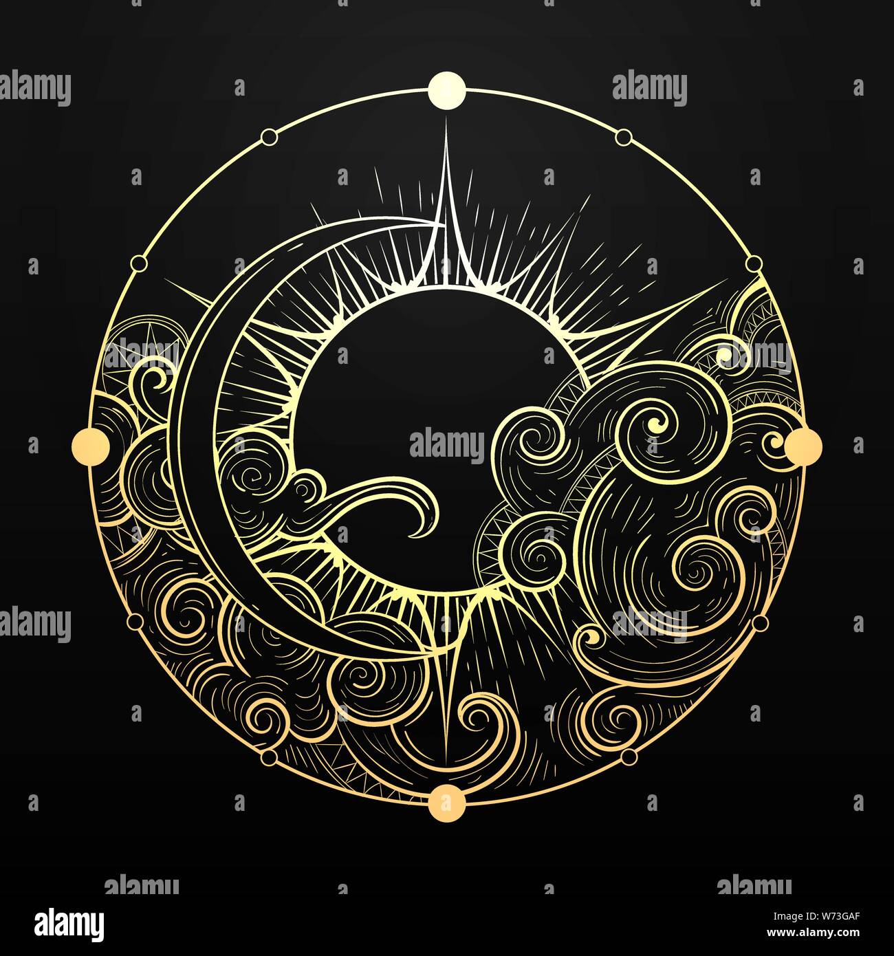Golden Sun and Moon with Cloud Esoteric Symbol. Hand drawn element in tattoo  style. Vector illustration Stock Vector Image & Art - Alamy