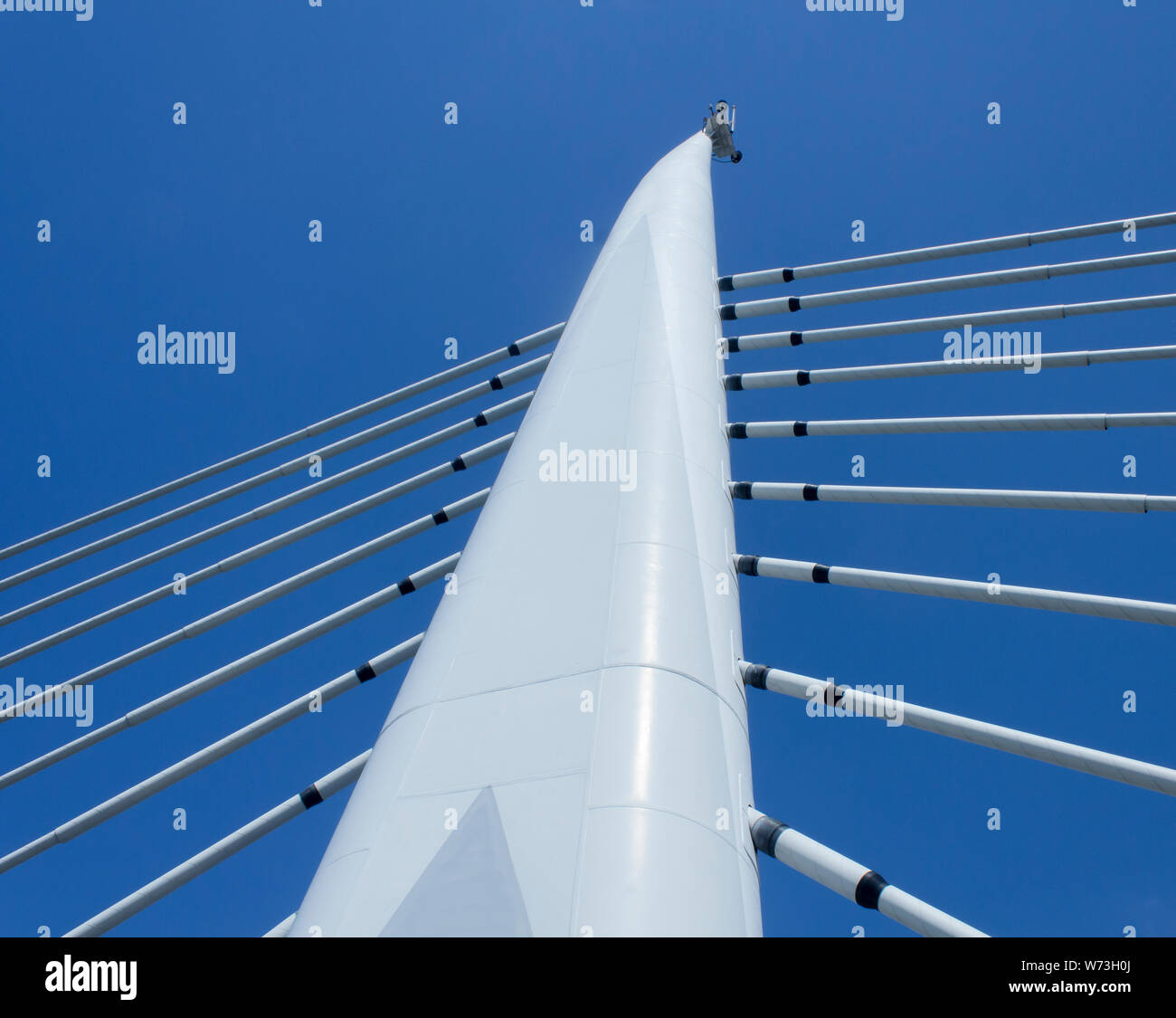Modern suspension bridge tower and mutliple symmetrical suspension cables connected to the foot in low angle view image. Cables are covered with spira Stock Photo
