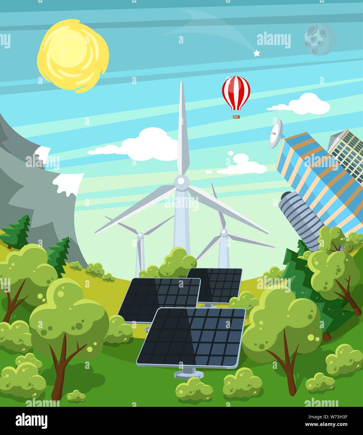 Alternative energy vector illustration. Landscape with solar and wind