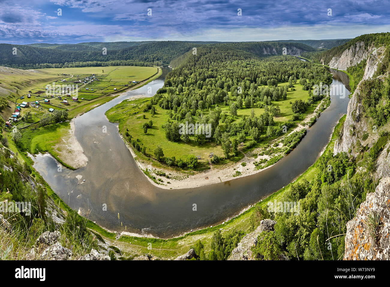 Panorama view on republic of Bashkortostan from above, aerial view on summer forest, river and mountains, landscape of Bashkiria. Stock Photo