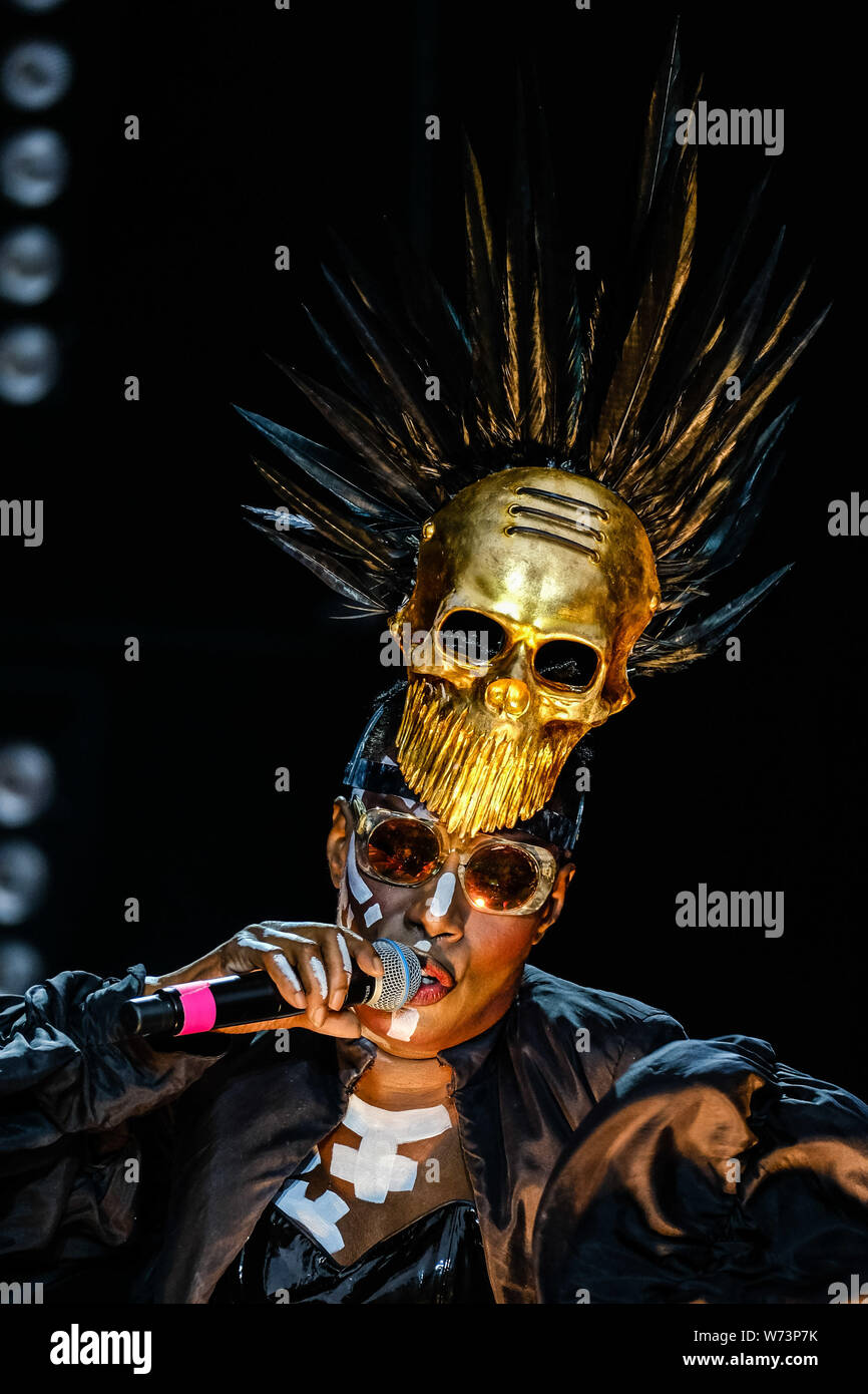 Preston Park, Brighton, UK. 4 August 2019.  Grace Jones performs at BN1 Lovefest , part of Brighton Pride. Grace Beverly Jones OJ (born 19 May 1948) is a Jamaican-American model, singer, songwriter, record producer, and actress.. Picture by Julie Edwards./Alamy Live News Stock Photo