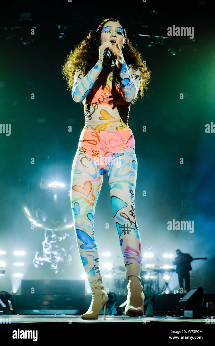 Preston Park, Brighton, UK. 4 August 2019.  Jessie J performs at BN1 Lovefest , part of Brighton Pride. Jessica Ellen Cornish, known professionally as Jessie J, is an English singer and songwriter.. Picture by Julie Edwards./Alamy Live News Stock Photo