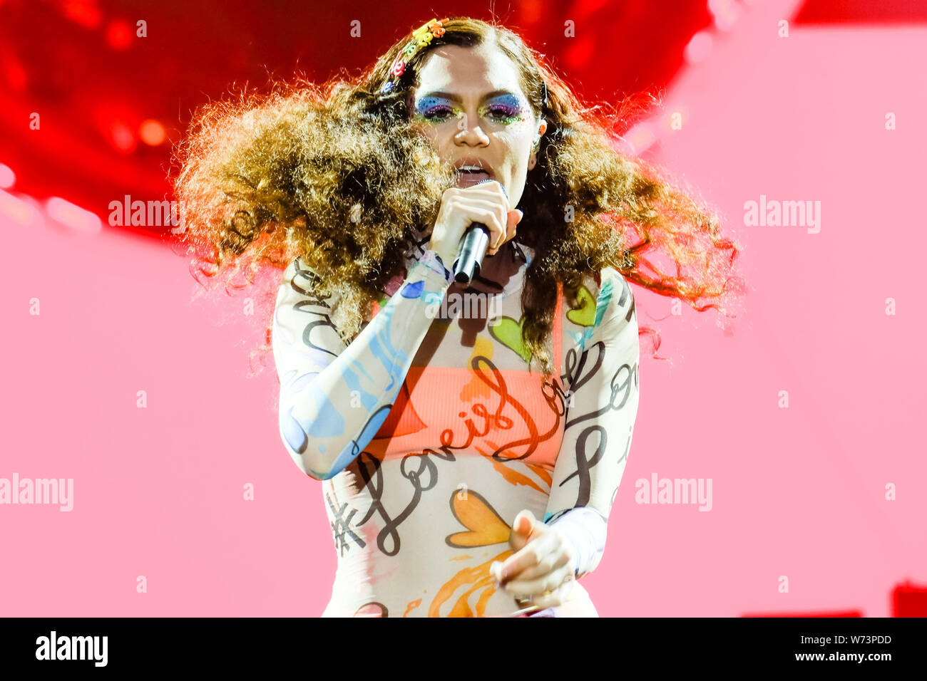 Preston Park, Brighton, UK. 4 August 2019.  Jessie J performs at BN1 Lovefest , part of Brighton Pride. Jessica Ellen Cornish, known professionally as Jessie J, is an English singer and songwriter.. Picture by Julie Edwards./Alamy Live News Stock Photo