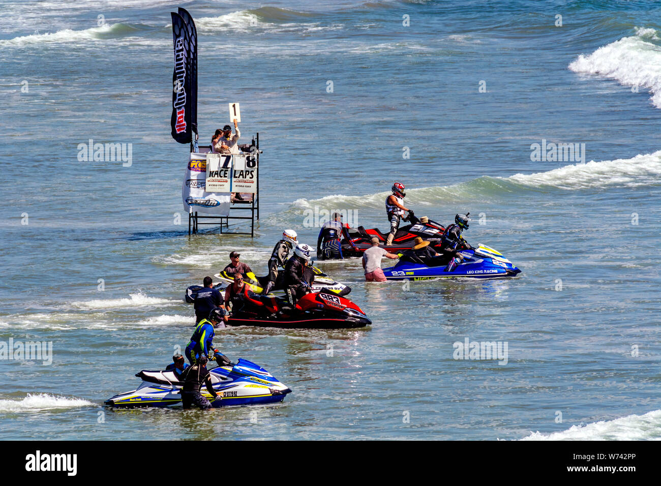 Huntington Beach, CA / USA April 7, 2019 Closeup of jet skiers