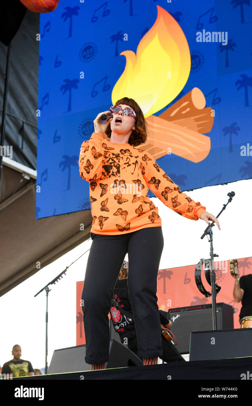 Long Beach, California, USA. 3rd Aug 2019. Hannah Hooper of the band Grouplove performs at ALT 98.7 Summer Camp at the Queen Mary in Long Beach on August 3, 2019. Credit: The Photo Access/Alamy Live News Stock Photo