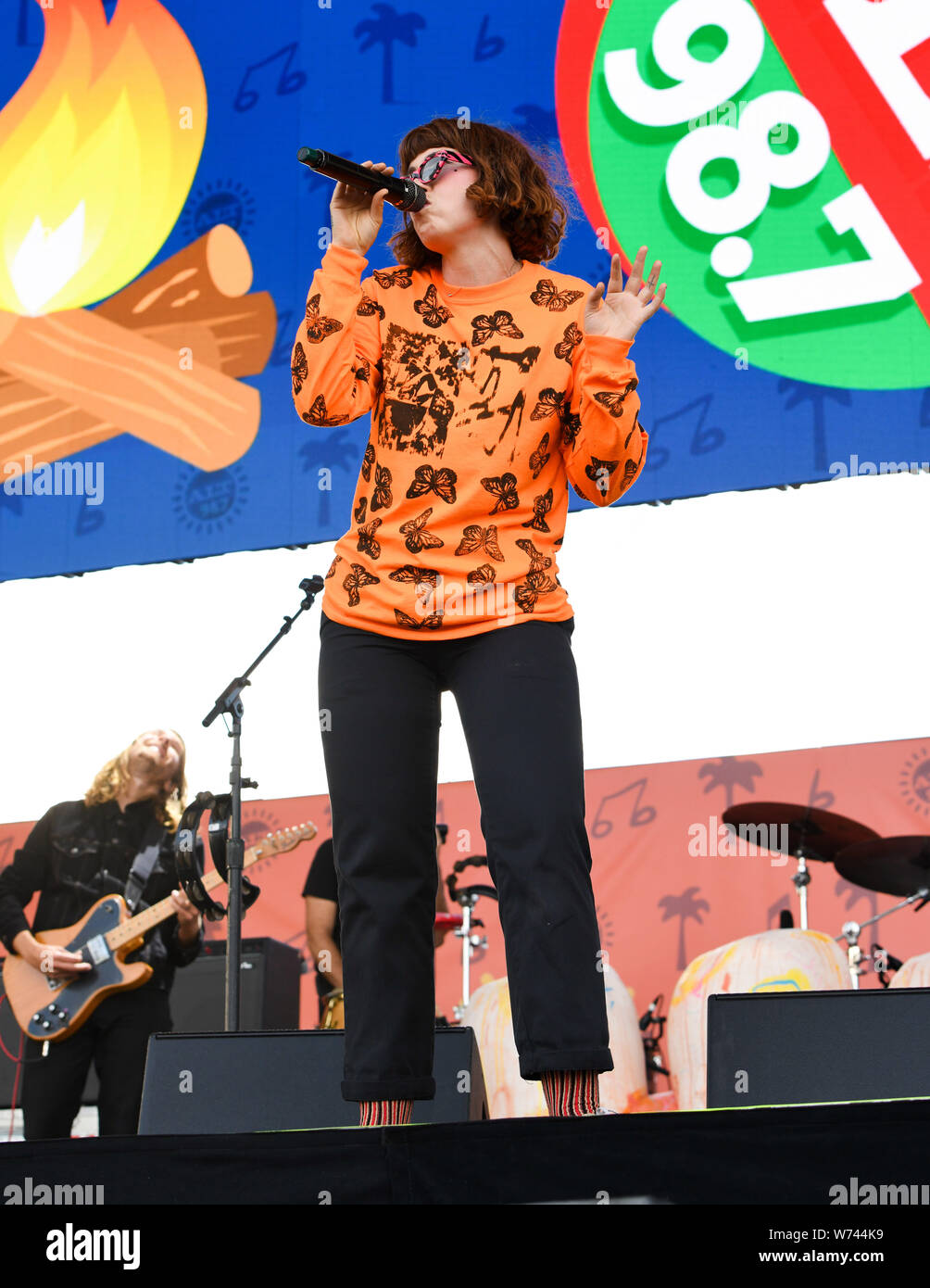 Long Beach, California, USA. 3rd Aug 2019. Hannah Hooper of the band Grouplove performs at ALT 98.7 Summer Camp at the Queen Mary in Long Beach on August 3, 2019. Credit: The Photo Access/Alamy Live News Stock Photo