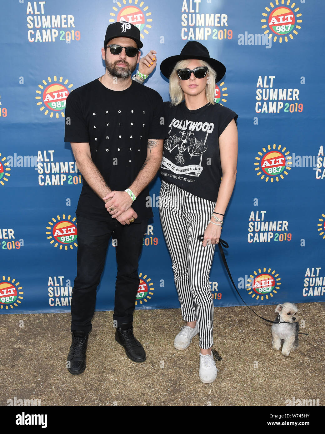 Long Beach, California, USA. 3rd Aug 2019. Josh Carter and Sarah Barthel of the band Phantogram pose for a portrait backstage ALT 98.7 Summer Camp at the Queen Mary Event Park in Long Beach on August 3, 2019. Credit: The Photo Access/Alamy Live News Stock Photo