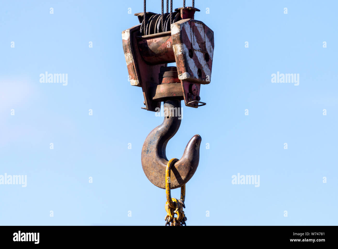 Hook suspension - tackle block lifting construction auto crane. Stock Photo