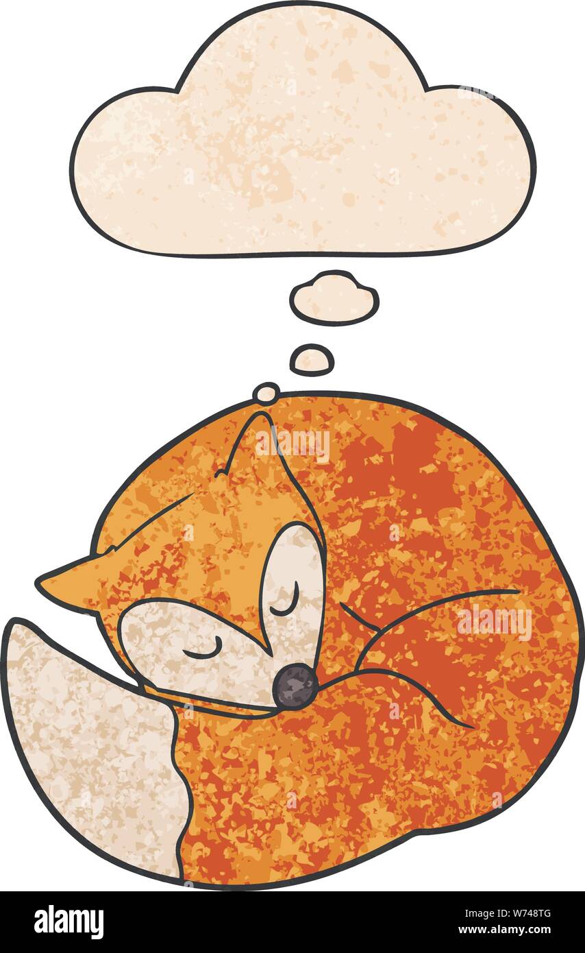 cartoon sleeping fox with thought bubble in grunge texture style Stock Vector