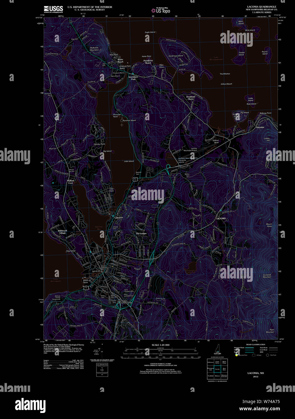 USGS TOPO Map New Hampshire NH Laconia 20120608 TM Inverted Restoration Stock Photo