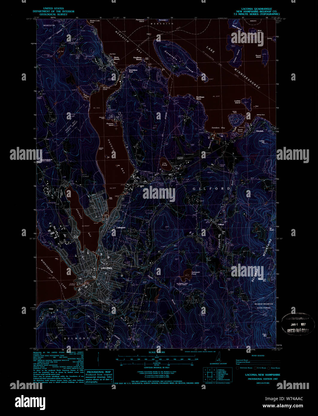 USGS TOPO Map New Hampshire NH Laconia 329617 1987 24000 Inverted Restoration Stock Photo