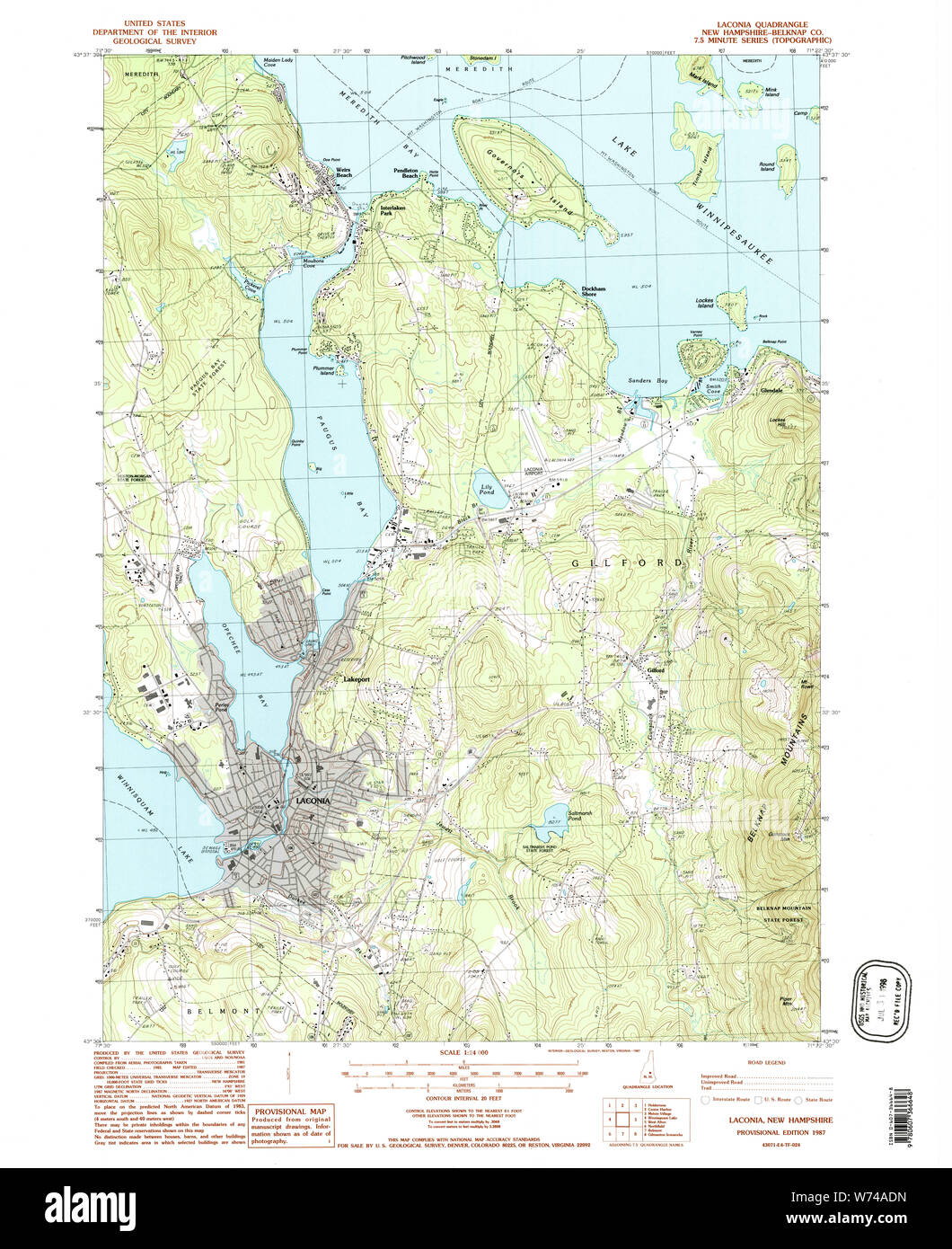 USGS TOPO Map New Hampshire NH Laconia 329618 1987 24000 Restoration Stock Photo