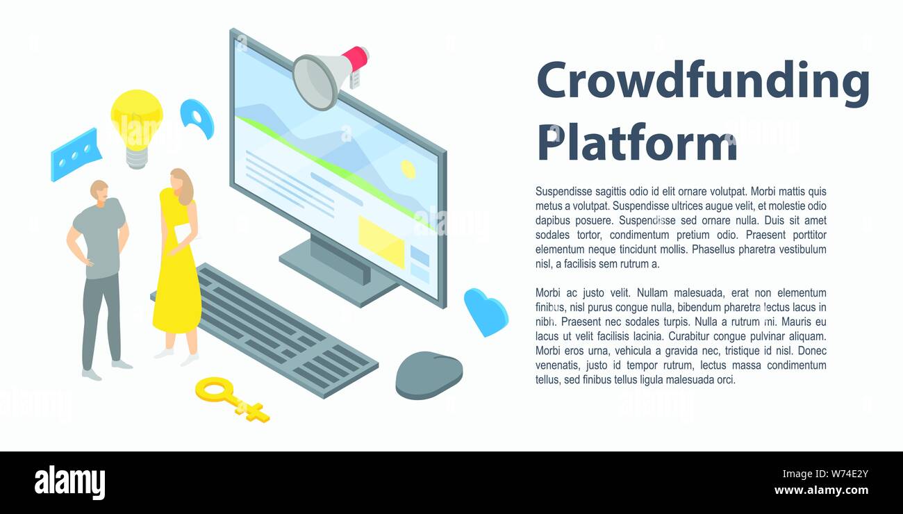 Crowdfunding platform concept banner, isometric style Stock Vector