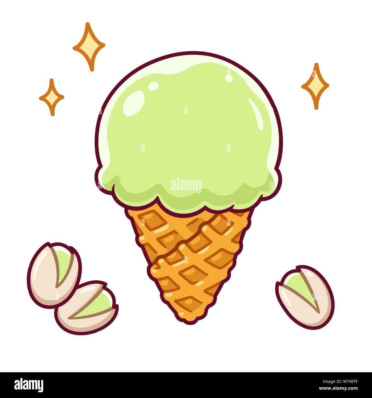 Cartoon Pistachio Ice Cream Waffle Cone With Pistachio Nuts Cute