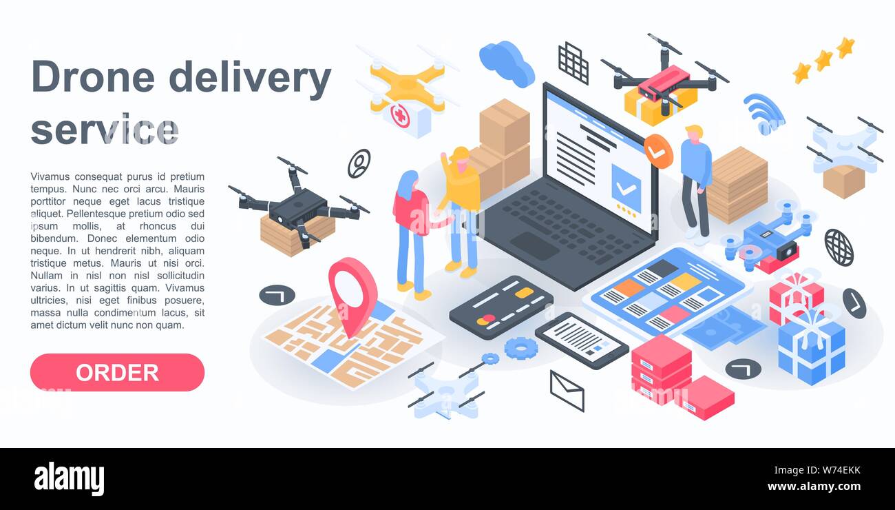 City drone delivery service concept banner, isometric style Stock ...