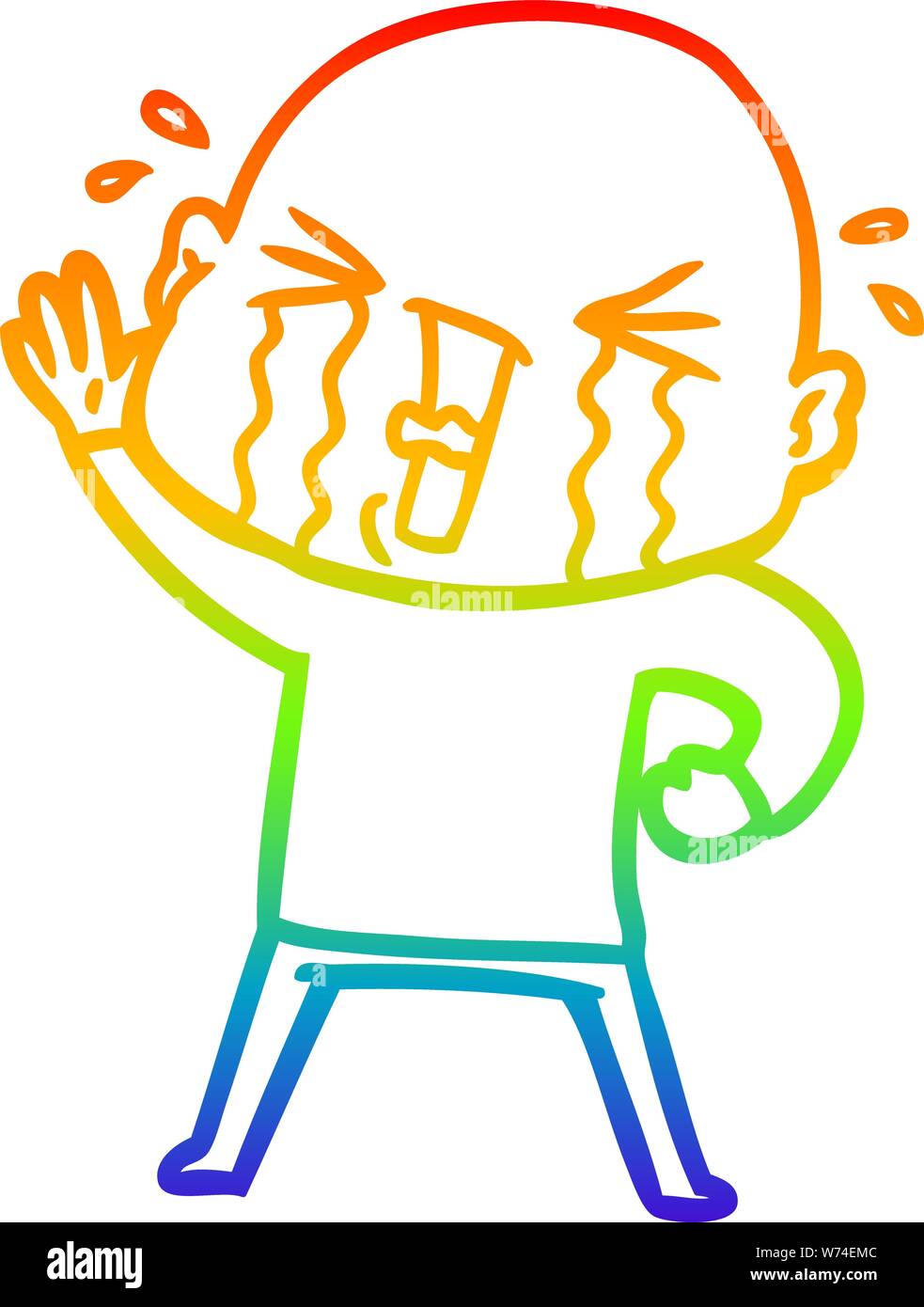 rainbow gradient line drawing of a cartoon crying bald man Stock Vector