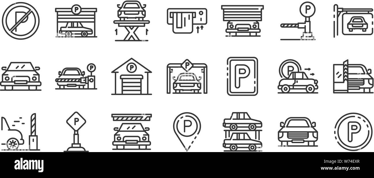Underground parking icons set, outline style Stock Vector