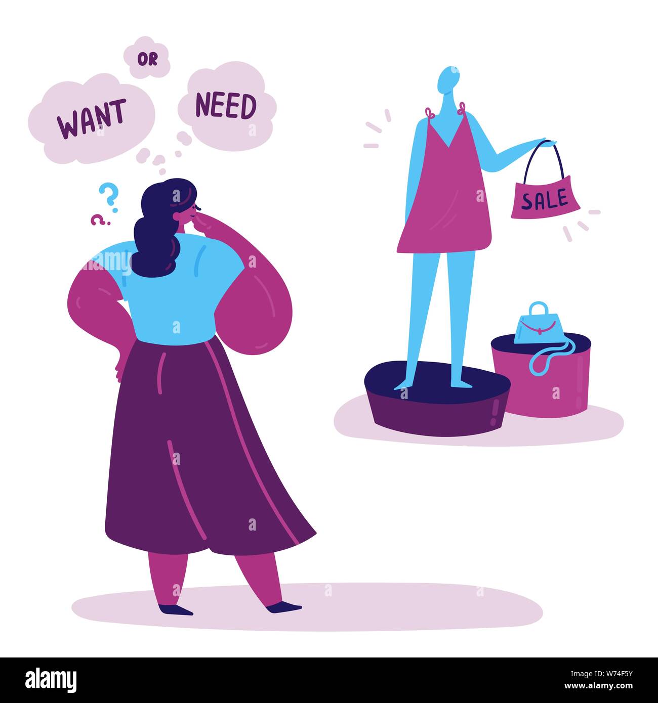 Young woman thinking if she should buy a dress Stock Vector