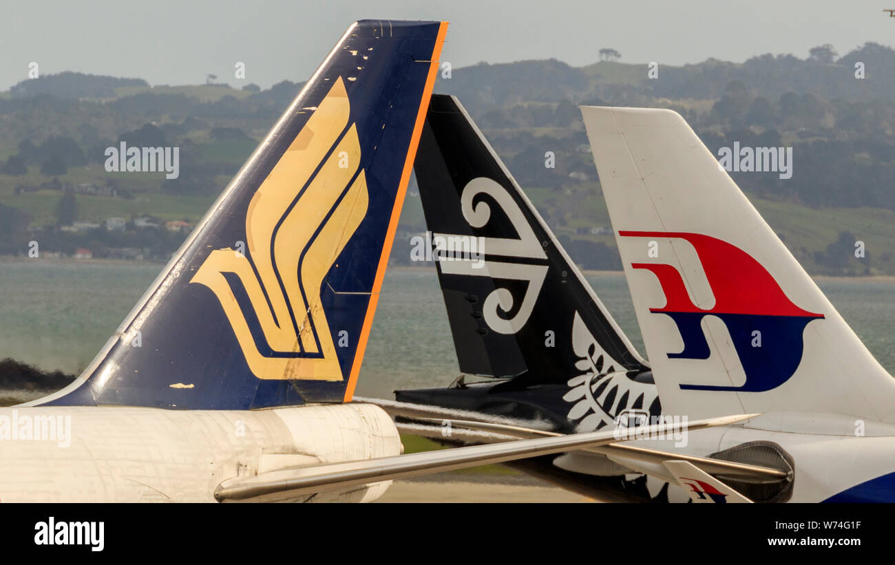 Airline tails,Singapore Airlines,Air New Zealand and Malaysia Airlines Stock Photo