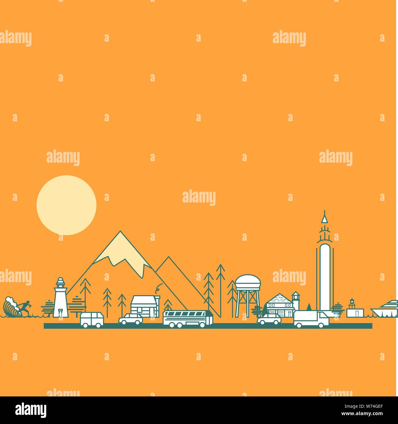 Coast to coast line illustration with a van, buildings, mountains & trees Stock Vector