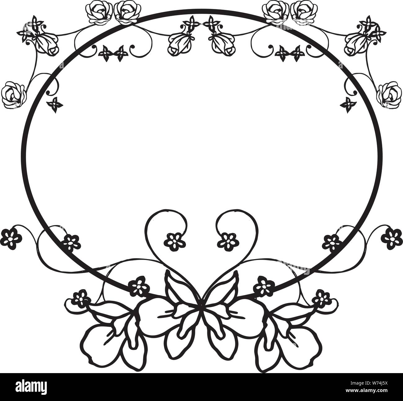 Geometric floral frame with rose flowers. Black outline simple desing  isolated on white background. Vector illustration.
