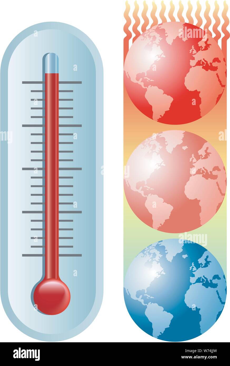 An illustration of a thermometer and the planet Earth moving towards hotter and hotter temperatures. Stock Vector