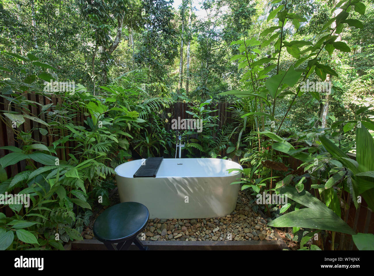Luxury resort bathtub in the Amazon rainforest, Tambopata, Peru Stock Photo