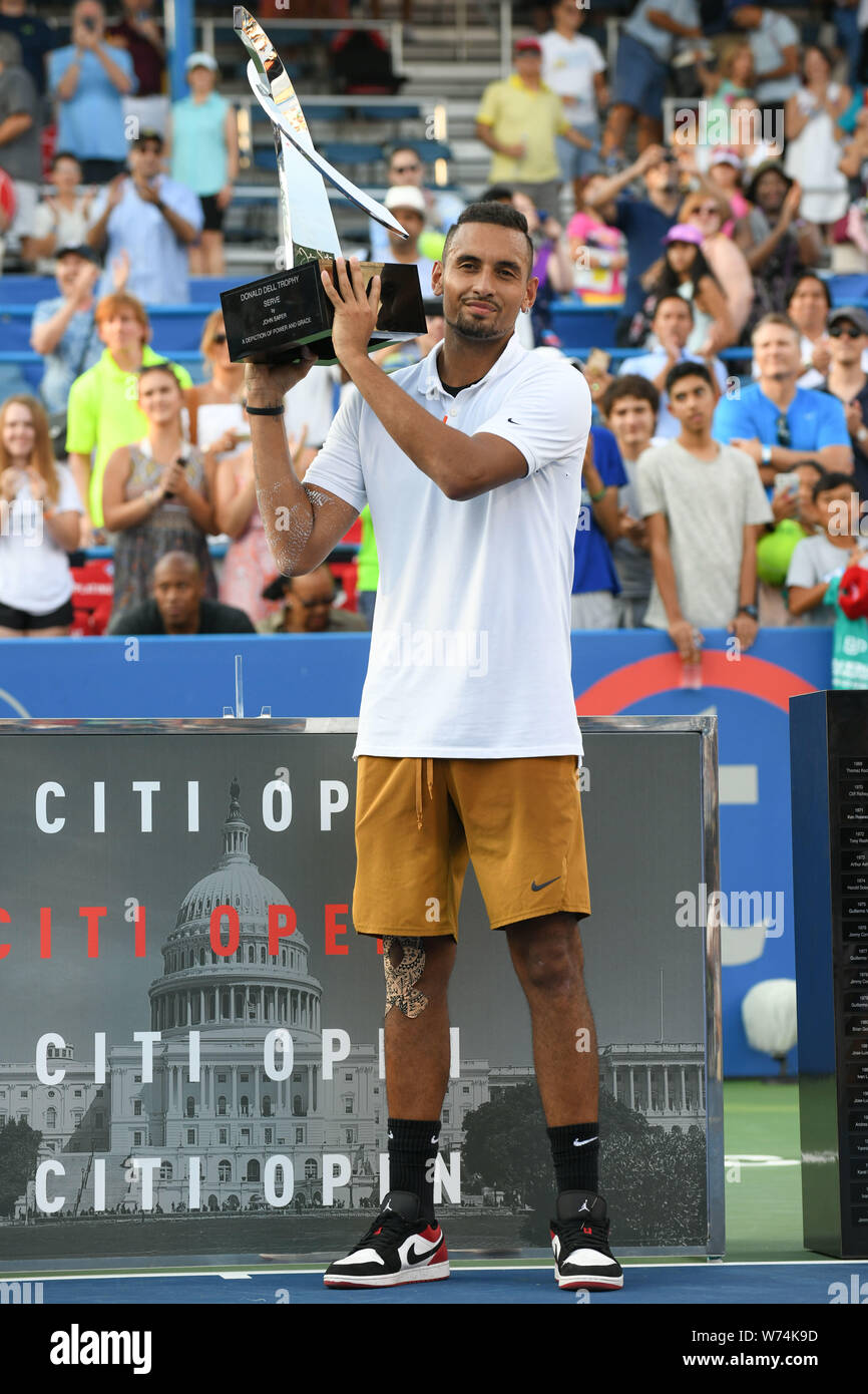 Washington, D.C, USA. 4th Aug, 2019. NICK KYRGIOS holds the Citi Open  trophy aloft after winning the 2019 Citi Open championship. Credit: Kyle  Gustafson/ZUMA Wire/Alamy Live News Stock Photo - Alamy