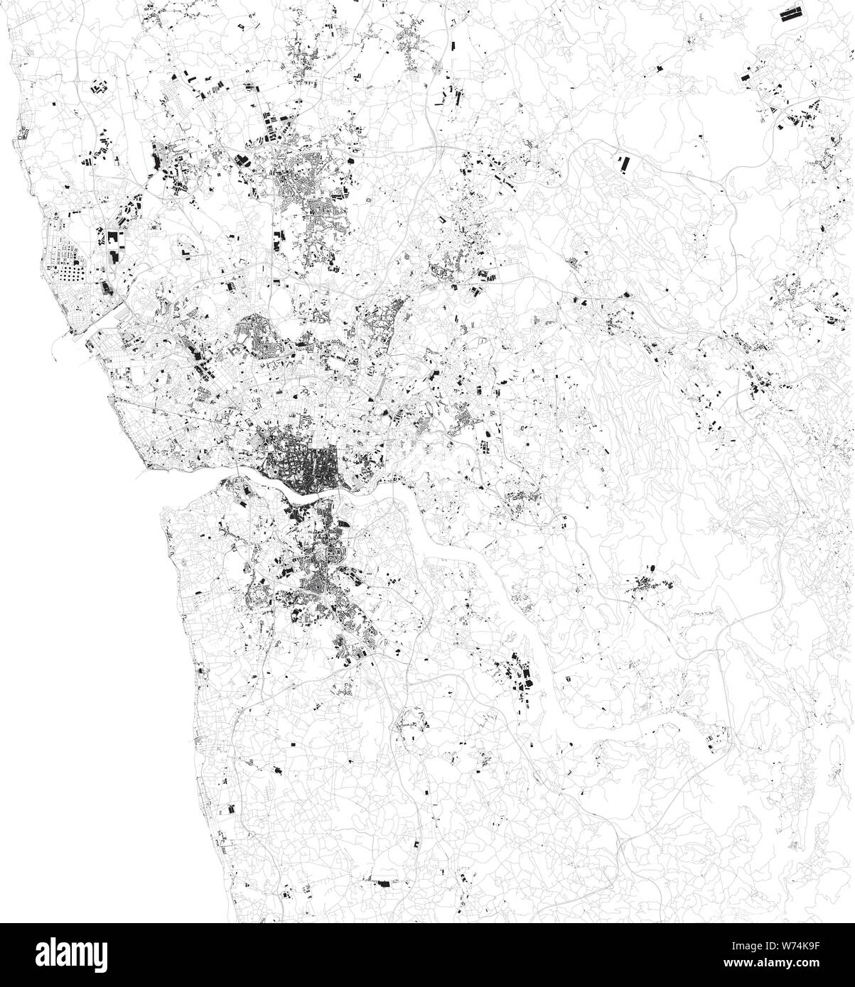 Satellite map of Porto is the second-largest city in Portugal after Lisbon. Map of streets and buildings of the town center. Europe Stock Vector