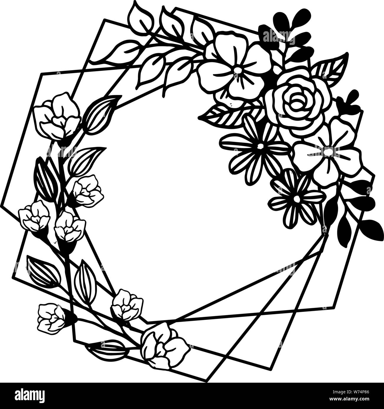 Black line art with various style of frame, for texture leaf flower ...