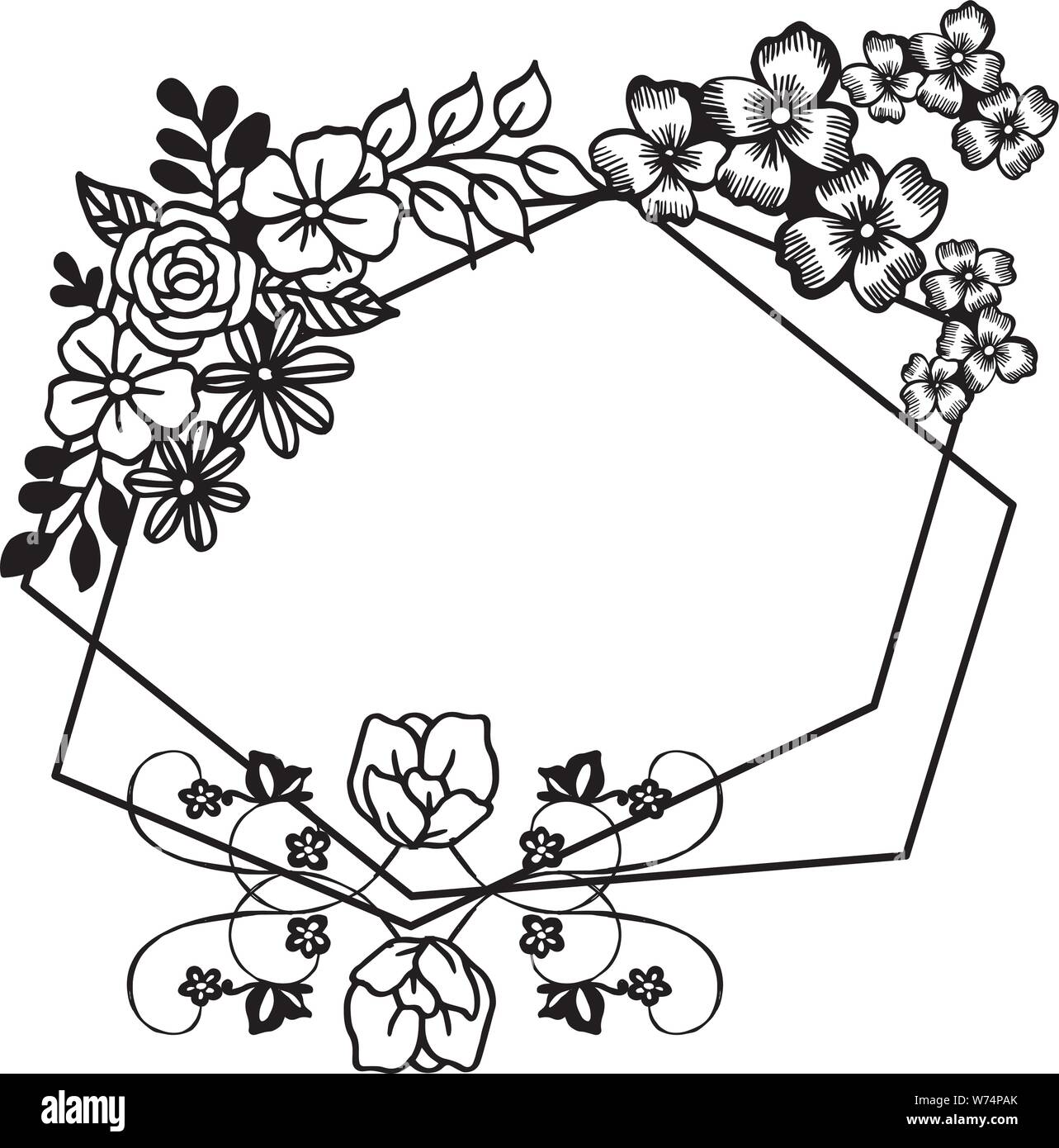 Black line art with various style of frame, for texture leaf flower ...