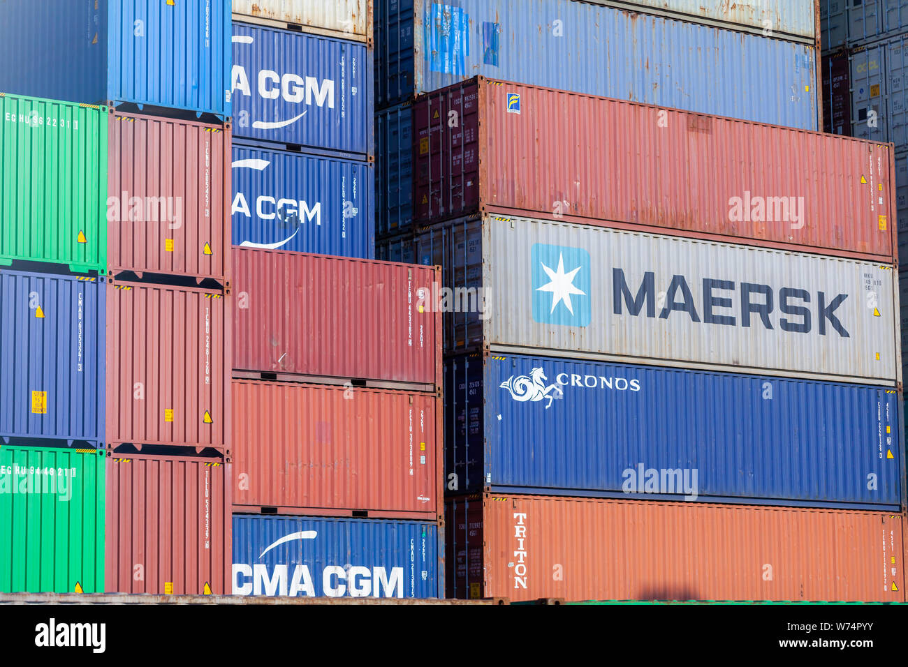 NUREMBERG / GERMANY - AUGUST 4, 2019: Shipping containers stands on TriCon Container Terminal Nuremberg. Stock Photo