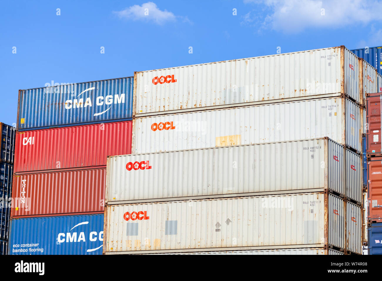NUREMBERG / GERMANY - AUGUST 4, 2019: Shipping containers stands on TriCon Container Terminal Nuremberg. Stock Photo