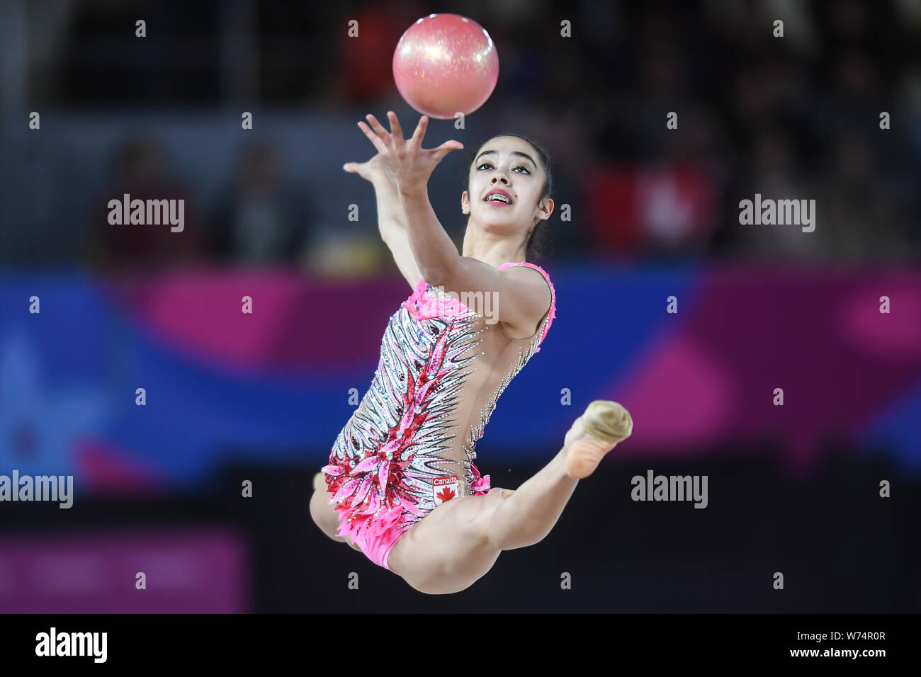 Lima, Peru. 4th Aug, 2019. NATALIE GARCIA from Canada does a leap with the ball during the competition held in the Polideportivo Villa El Salvador in Lima, Peru. Credit: Amy Sanderson/ZUMA Wire/Alamy Live News Stock Photo