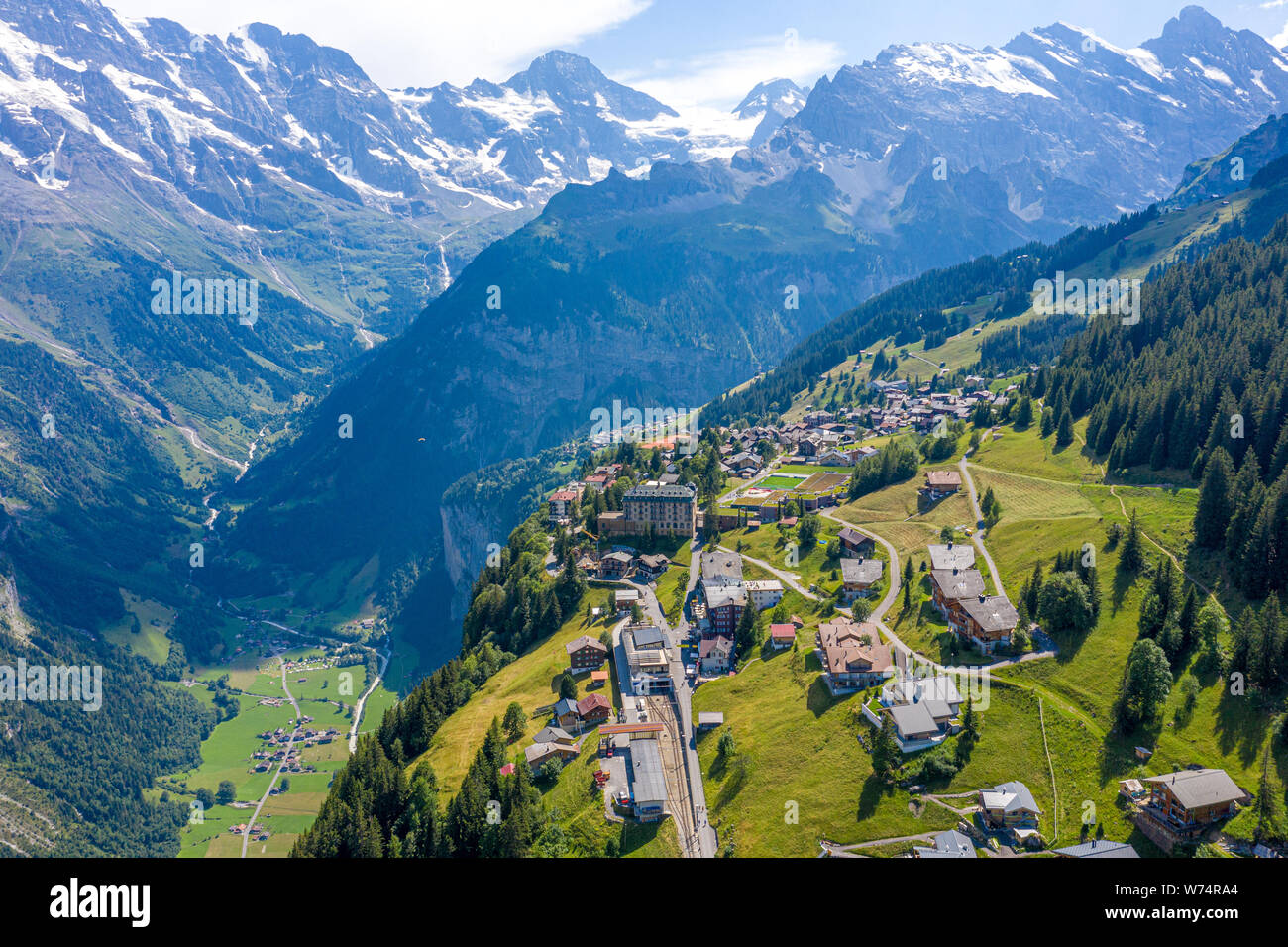 Amazing aerial view over the village of Murren in the Swiss Alps - aerial photography Stock Photo