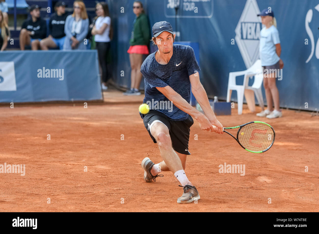 Filip Horansky (SVK) seen in action during the final match between Stefano Travaglia (ITA) and Filip Horansky (SVK) at Tennis ATP Challenger BNP Paribas Sopot Open. (Final score: 6:4,2:6,6:2) Stock Photo