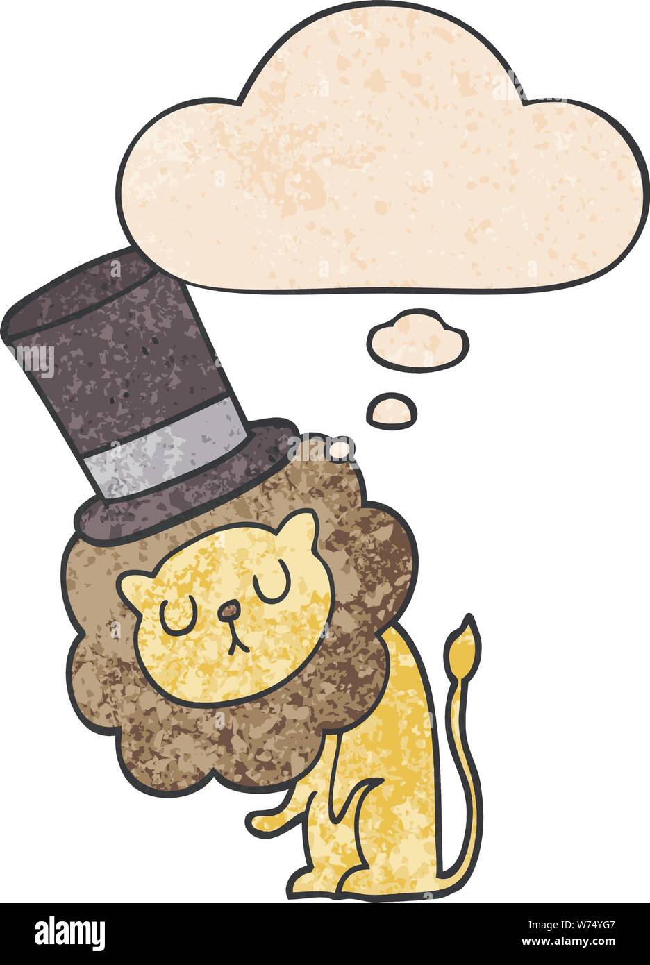 cute cartoon lion wearing top hat with thought bubble in grunge texture ...