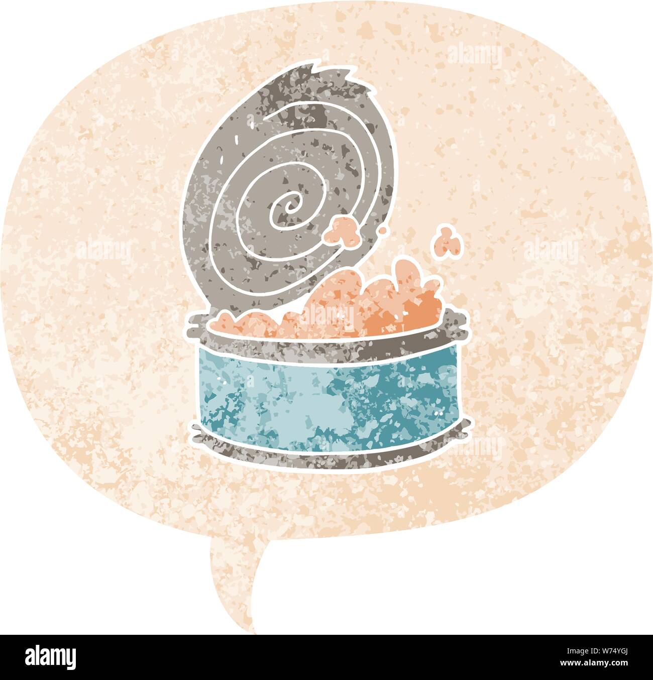 cartoon canned fish with speech bubble in grunge distressed retro